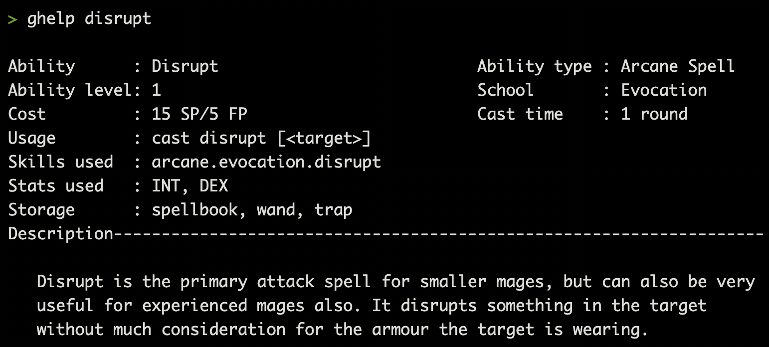 Image of text displayed with the ghelp disrupt command for Mages.